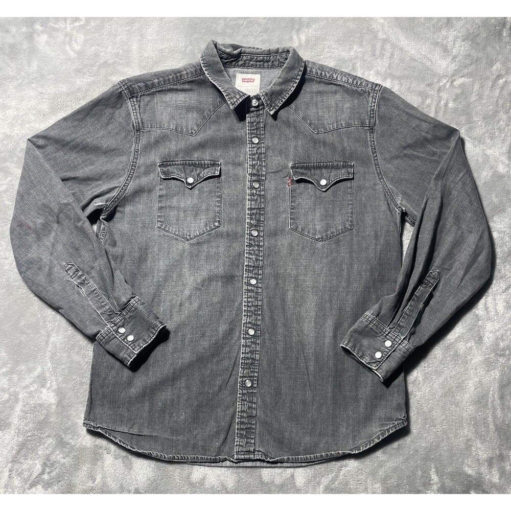 Levis Denim Pearl Snap Shirt Mens Large Gray Black Long Sleeve Western Cowboy